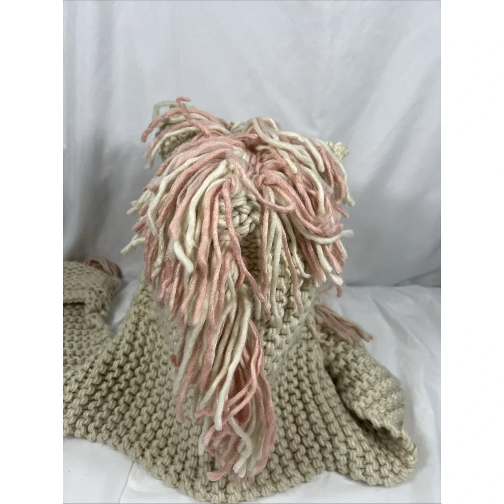 Girl's Crochet Hooded Scarf with‎ Ears/Mane/ Pink/Cream with Pockets
